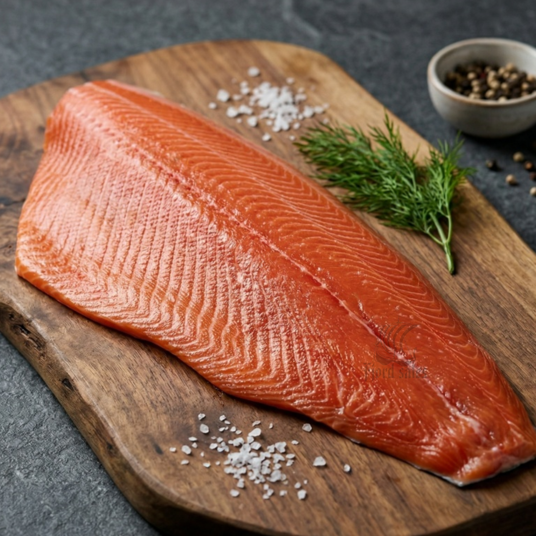 Norwegian Rainbow trout with skin-on, on a brown cutting board, sold by Fjord Sales