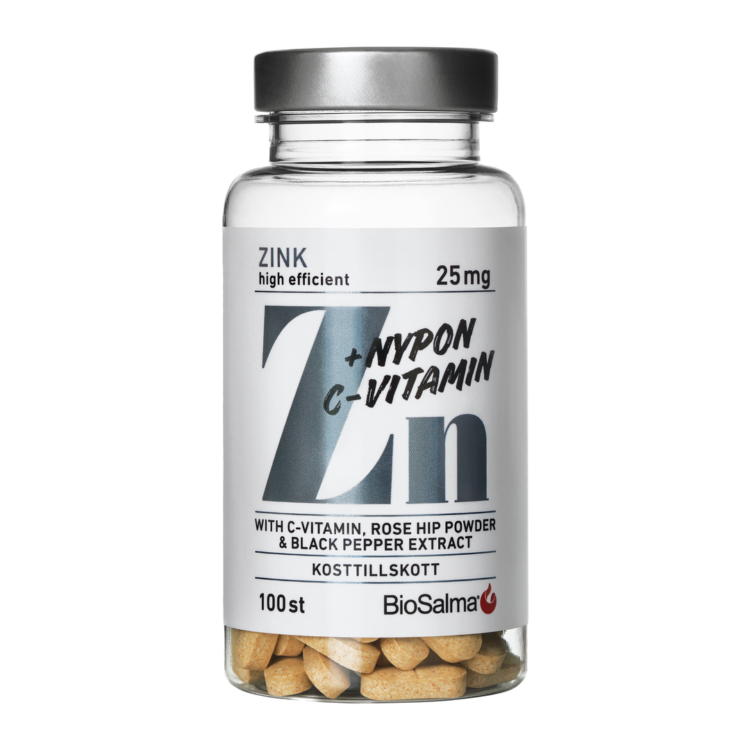 BioSalma cinkas 25 mg su erškėtuogių, vitamino C, imbiero ir juodųjų pipirų ekstraktais — imunitetui, plaukams, odai ir nagams, 100 tablečių