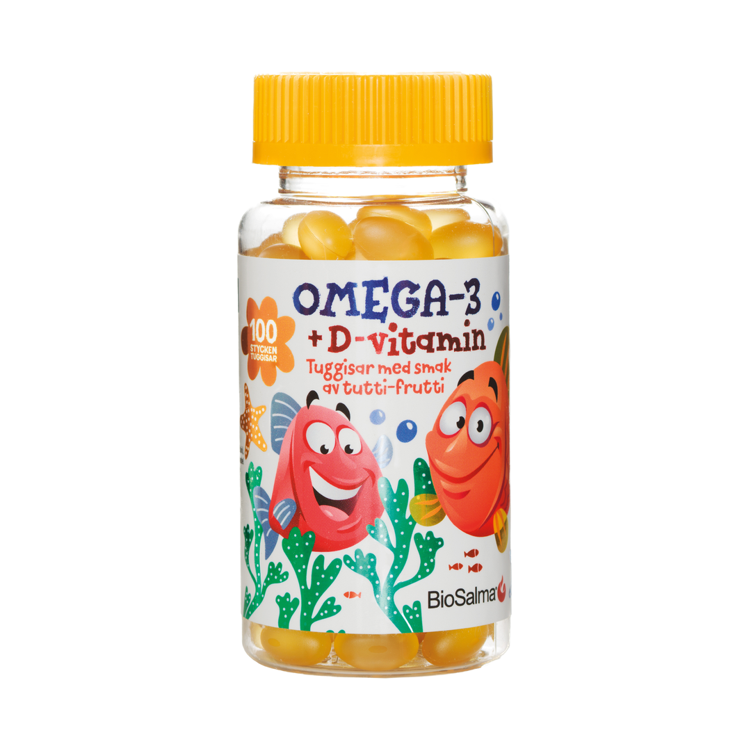 BioSalma Omega-3 vaikams su vitaminu D3 ir E – tutti-frutti skonio kramtomos kapsulės, normali smegenų veikla, imunitetas ir kaulų vystymasis, 100 kapsulių